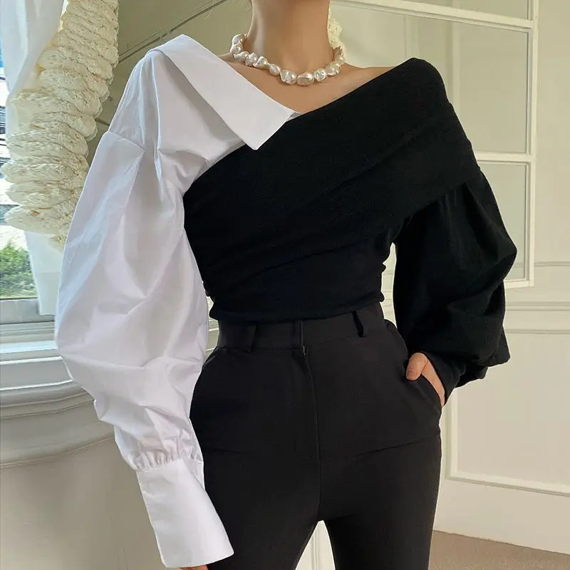 V-neck Off Shoulder Contrast Patchwork Bubble Sleeve Top Blouses Blusa Feminina Camisa Black Blouse Chemise Femme Y2k Shirts