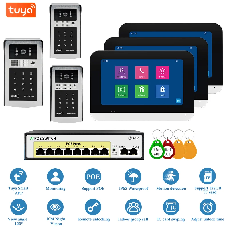 

Tuya Smart 7"WIFI Video Intercom 3 Cameras+3 Monitors Kits POE Switch Password/RFID Unlock IP Doorbell Video Door Phone System