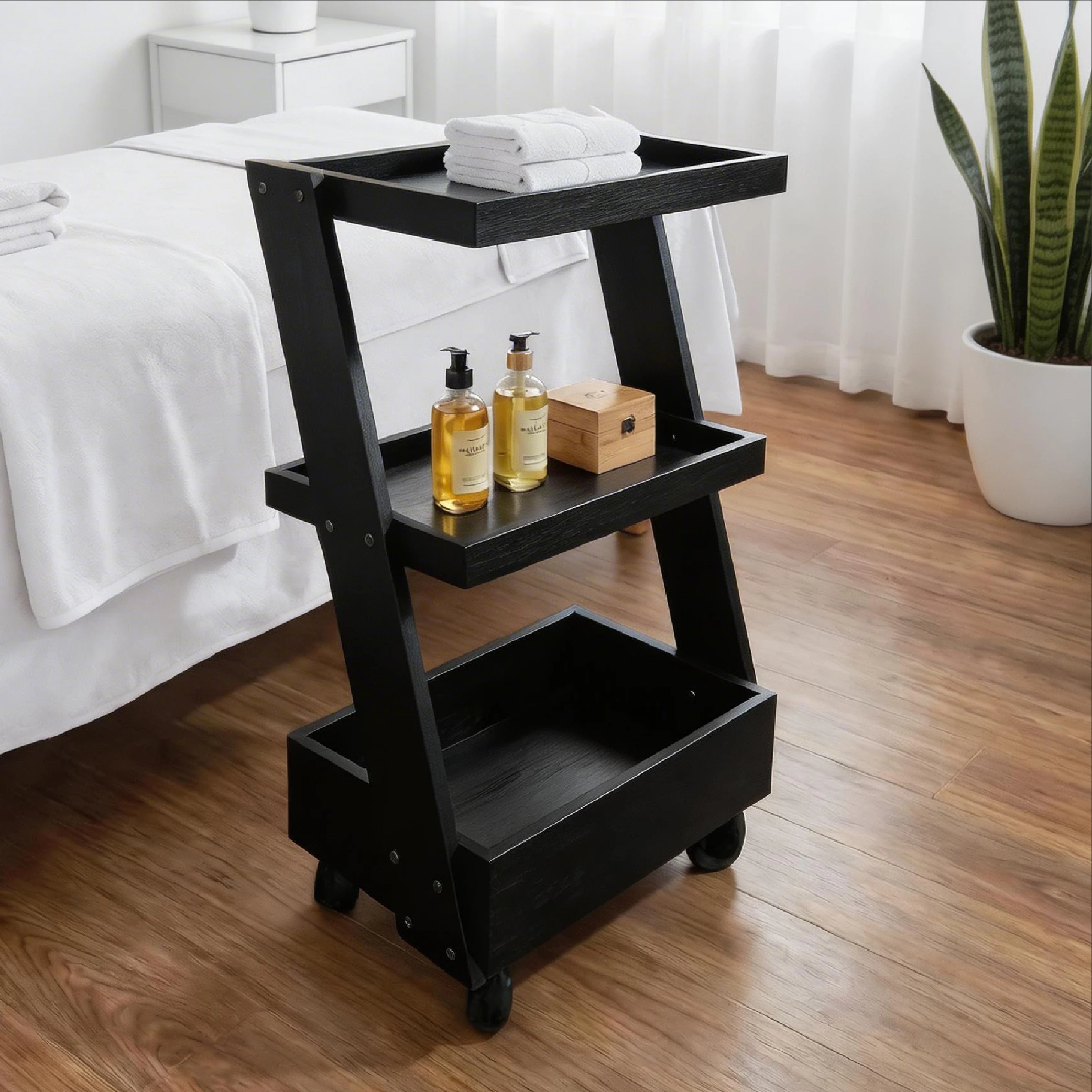 3-Tier White Black Rolling Spa Trolley, Mobile Beauty Salon Cart with Wheels, Portable Storage Organizer
