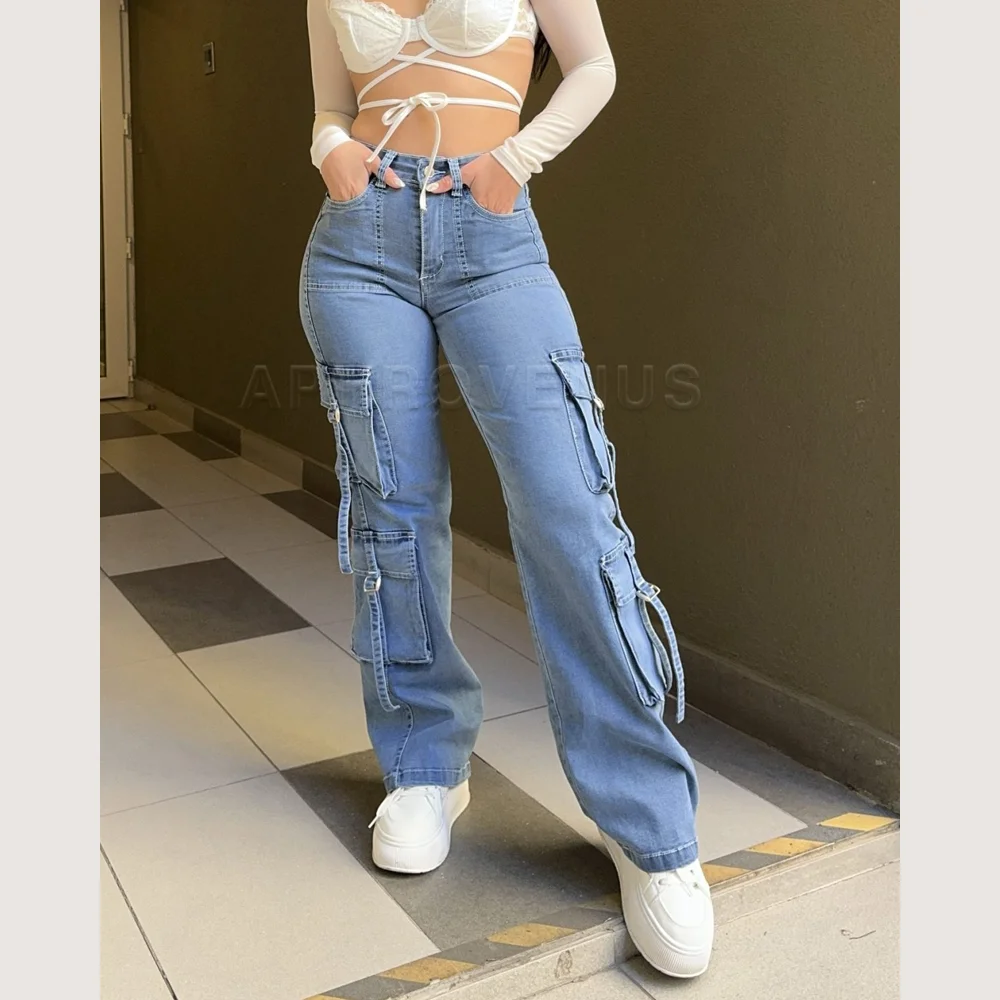 

Women Straight Jeans Mid Waist Pocket Design Denim Pants Y2K Trousers Casual Pants Slim Fit Fashion Jeans S-3XL