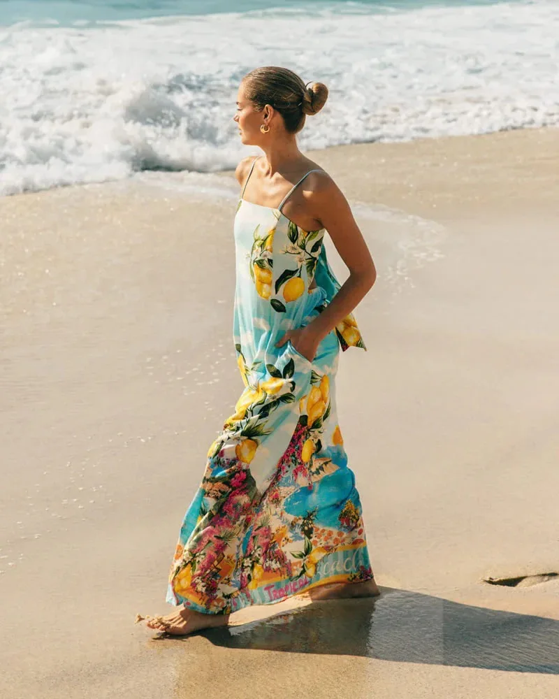 Damen-Maxikleid mit Zitronenmuster, Boho-Stil, rückenfrei, mit Schleife, Strandurlaub, A-Linie, langes Kleid, Sommer, lässig, Urlaub, Party, Sommerkleid – Detail 4