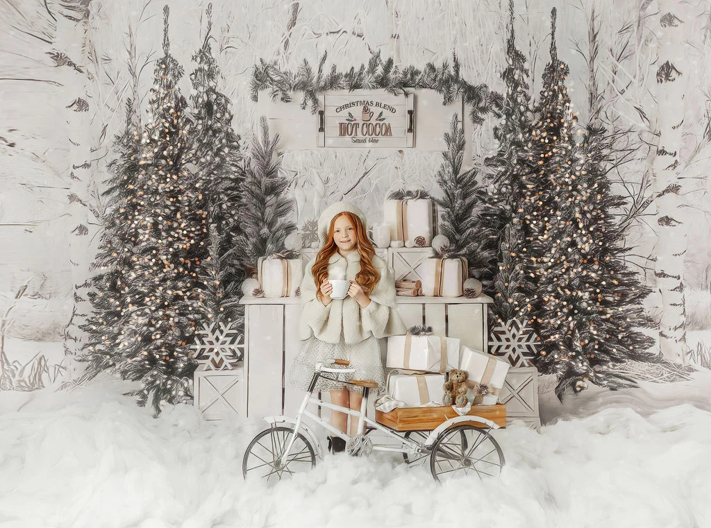 Creamy Cocoa Stand Backdrops Xmas Snowy Kids Baby Portrait Photography Family Photocall Christmas Forest Snowflake Background