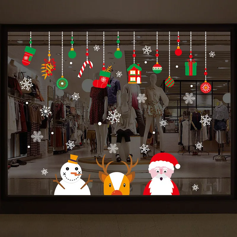 Festive Christmas Wall Stickers Elegant Glass Window Decals Adhesive Holiday Window Art Cute Reindeer Santa Claus Window Decor