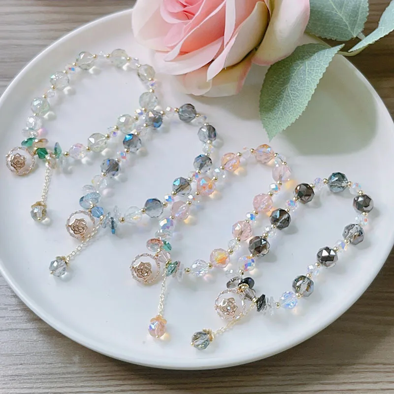 Summer Super Shiny Crystal Bracelet Female Mori Style Travel Holiday Style Fairy Rose Bracelet Cross-Border Girlfriends Jewelry