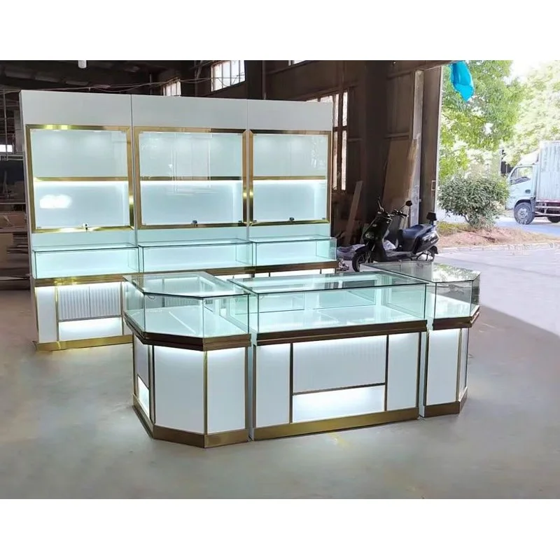 custom，Whole Assembly Ship Mall Kiosk Jewellery Shop Half Glass Display Counter Retail Jewelry Wall Display Showcase