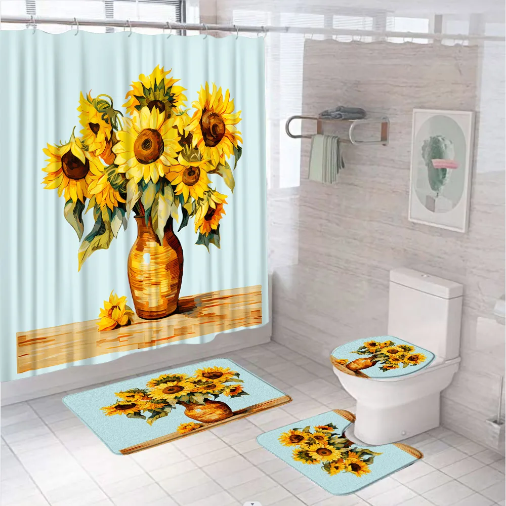 4Pcs Watercolor Sunflower Shower Curtain Set Non-Slip Rug Toilet Lid Cover Bath Mat Yellow Floral Bonsai Vase Bathroom Curtains