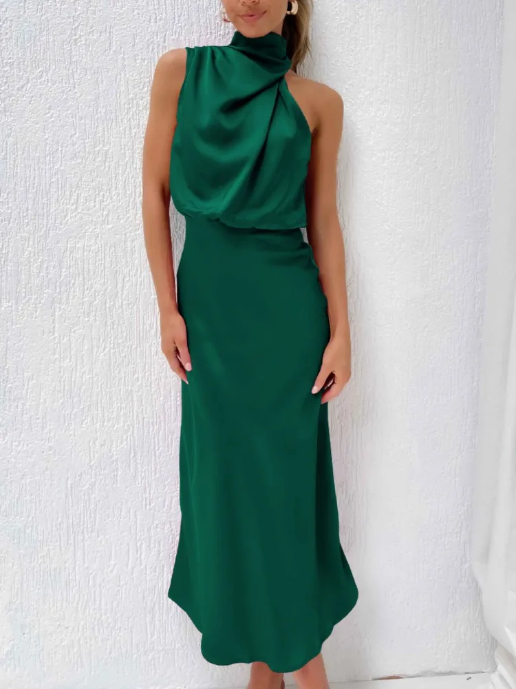

Summer New Arrival Dress High-End Silk Satin Sleeveless Neck Halter Collar Dress Fashionable Elegant Lightweight Evening Gown