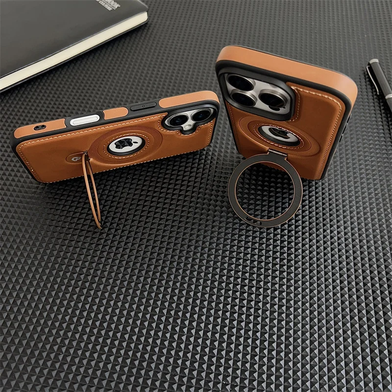 For Leather Magnetic Bracket Phone Case For iPhone 16 13 12 14 15 Pro Max Plus Magsafe Wireless Charging Shockproof Back Cover