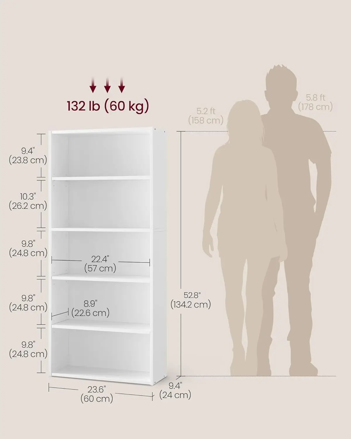 

Книжная полка, 5-уровневый книжный шкаф, книжная полка, открытая полка для хранения, 9,4 x 23,6 x 52,8 дюйма, для гостиной, облачно-белый ULBC165T14