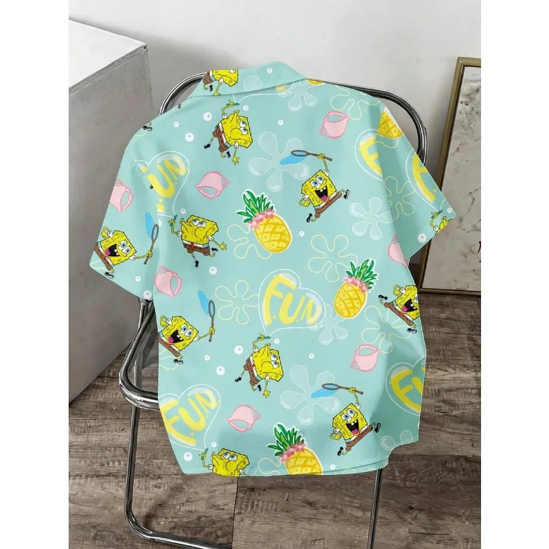 Mint Green Cartoon SpongeBob SquarePants Full Print Shirt Hawaiian Style Fake Collar Cardigan Casual Versatile Shirt