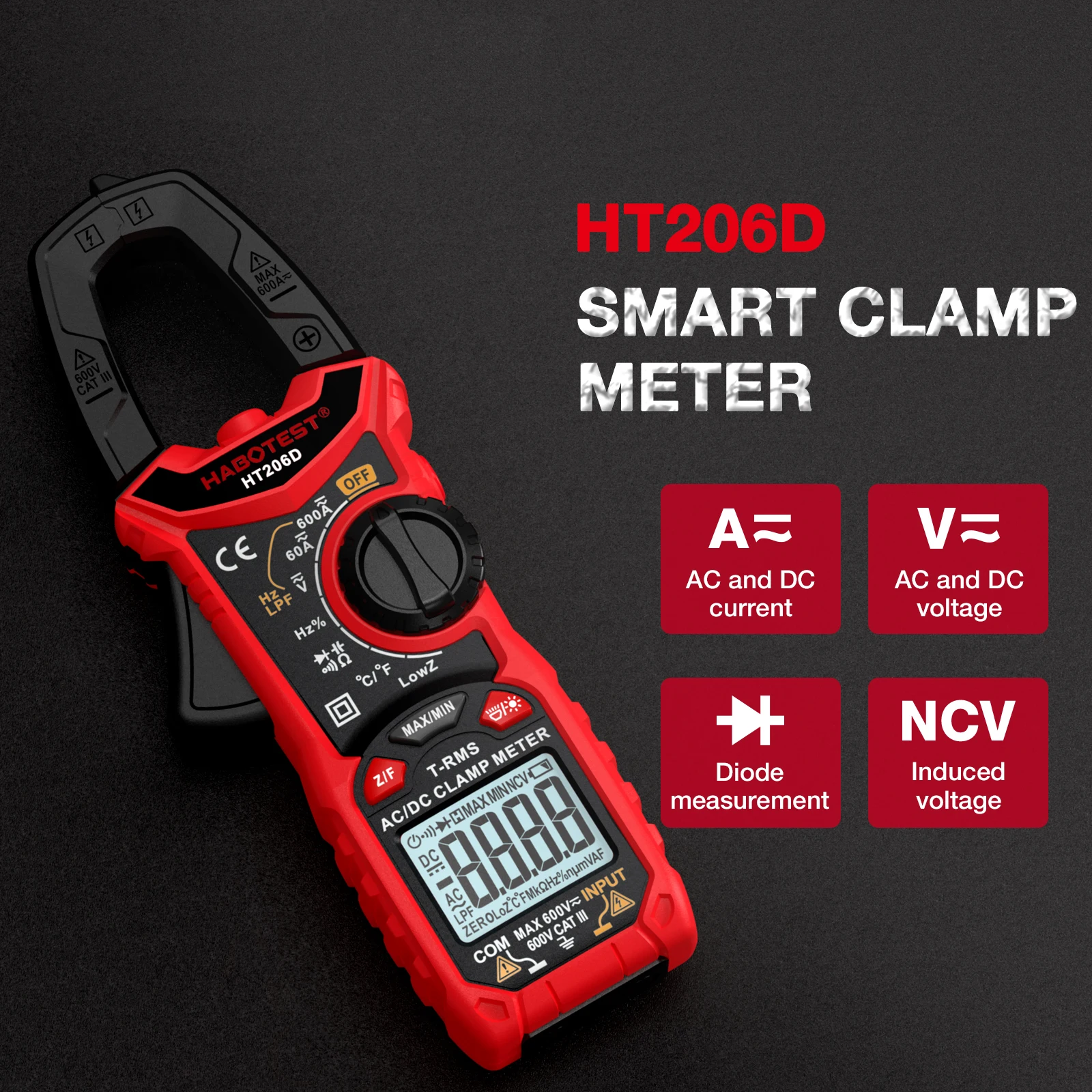 Medidor de pinza Digital serie HT206, valores eficaces verdaderos, 6000 recuentos, CA, CC, NCV, 600V, voltímetro Hz, resistencia, capacitancia, prueba de continuidad de trabajo