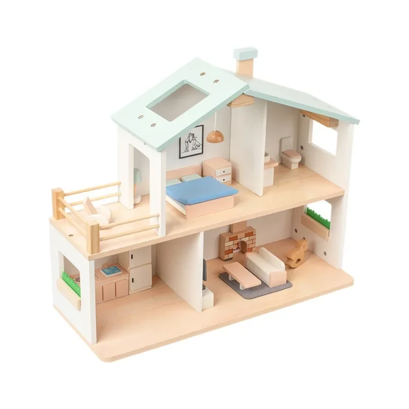 

Children's two-story toy educational role pretend game simulation Nordic style wooden doll house furniture girl villa