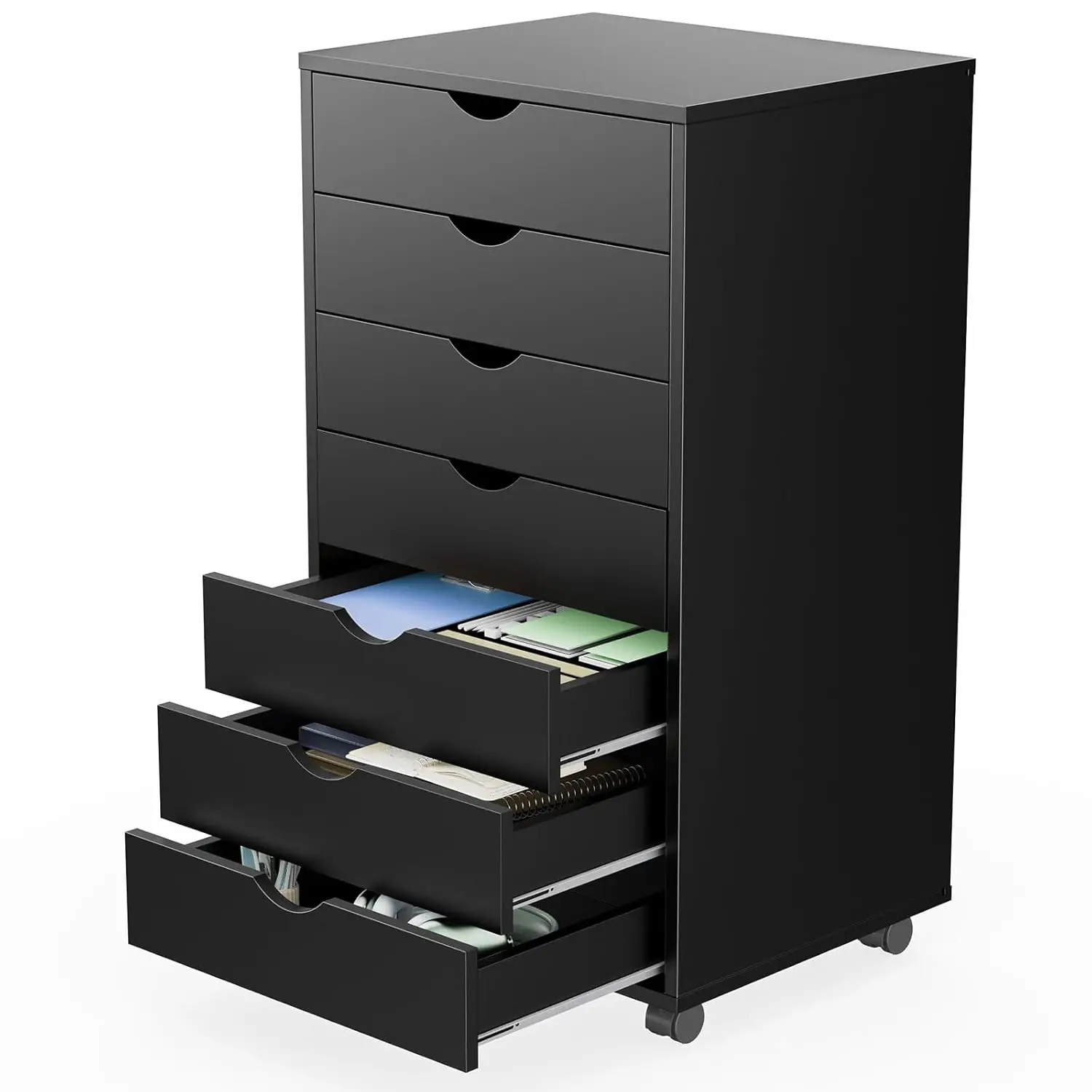 

7-Drawer Mobile Storage Cabinet with Wheels, Wooden Dresser for Home Office Organization, Black Finish