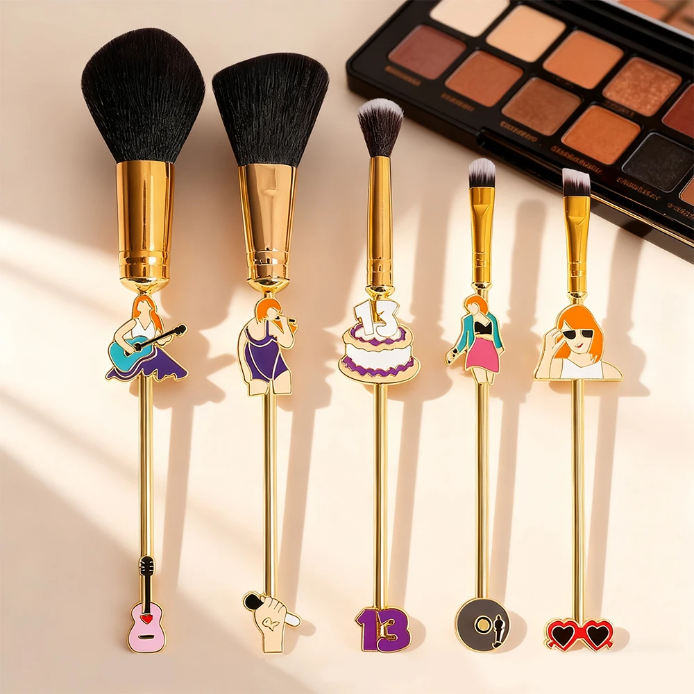 シャンパンゴールド KPOP メイクブラシセット 5 本、メタリックな質感、超ソフトファイバーのアイシャドウブラシ、誕生日パーティーに最適