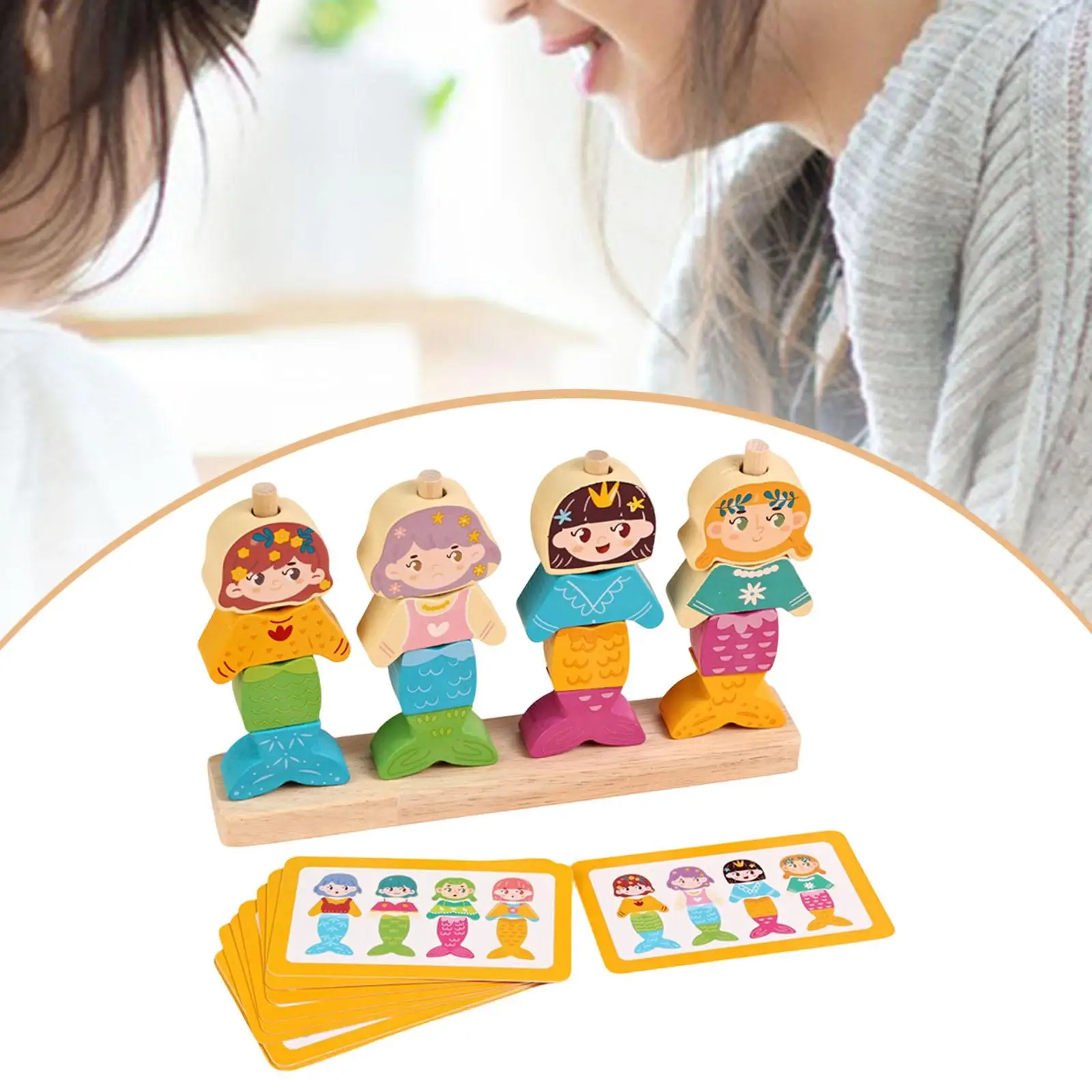 Wooden Dress up Puzzle Mermaid Changing Clothes Stacking Toy Beads Sequencing Toy Set Color Recognition