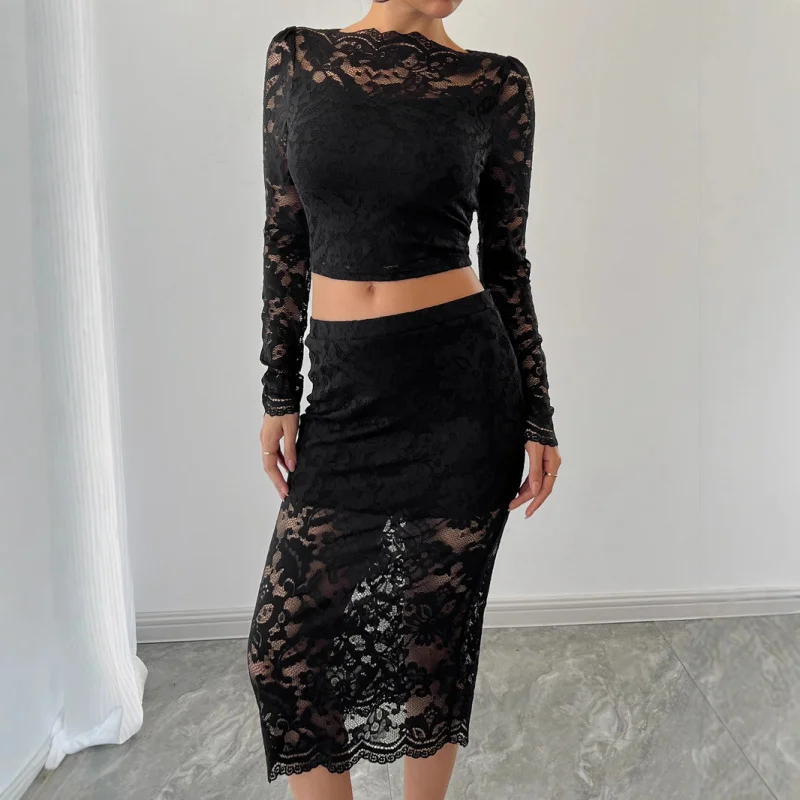 محطة مستقلة2025 الخريف والشتاء جديد مثير السيدات الدانتيل الجاكار شبه شفافة نصف طول تنورة مجموعة