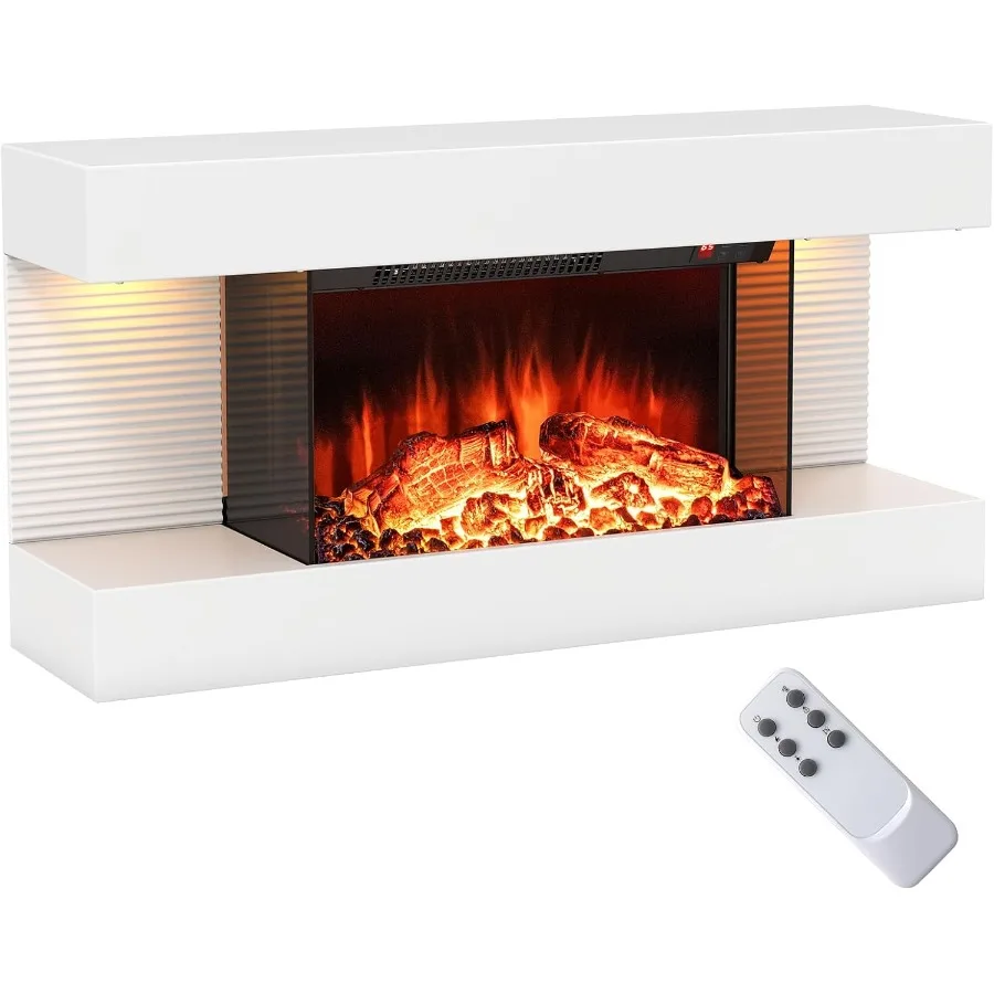 32-inch Wide 3-Sided Glass Electric Fireplace with Floating Mantel in White 12-Color Dimmable Flame/Ambient Light 8H Timer 18-I