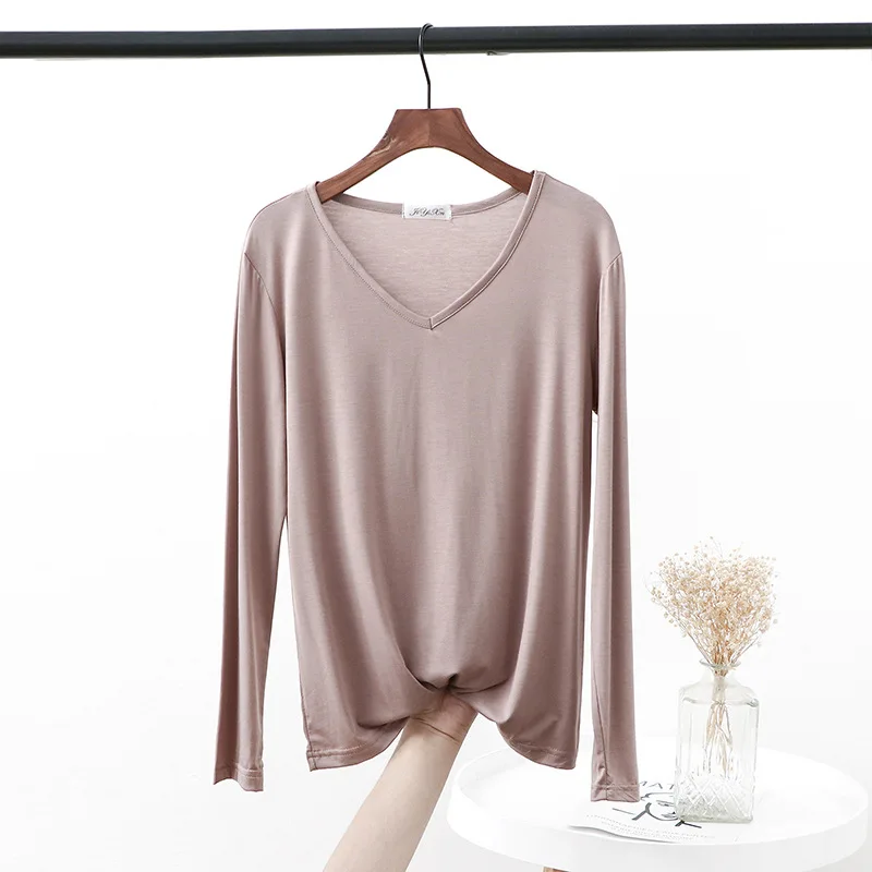 Autumn V Neck Tshirt Long sleeves Soft comfortable T-shirt Solid color Basic Bottoming Tee Tops O Neck undershirt