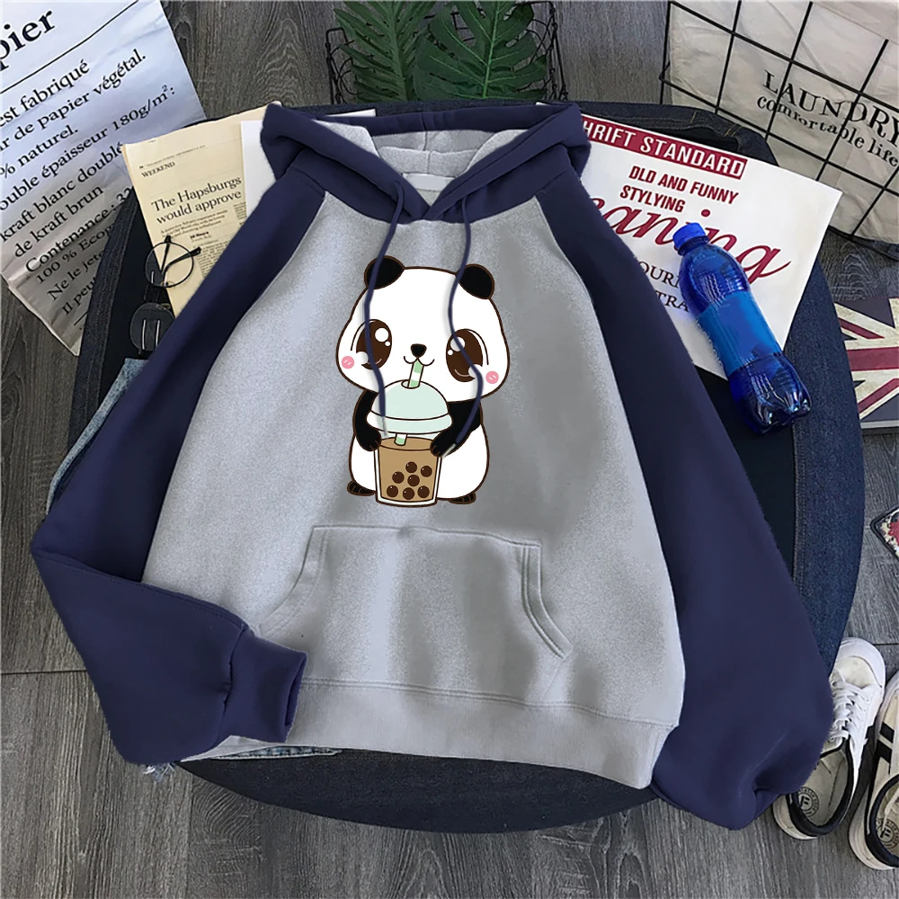 Baby Panda Drinking Milk Tea Print Women Hoodies Casual Raglan Hoodie O-Neck All Match Hoody Loose Street Comfortable Sweatshirt