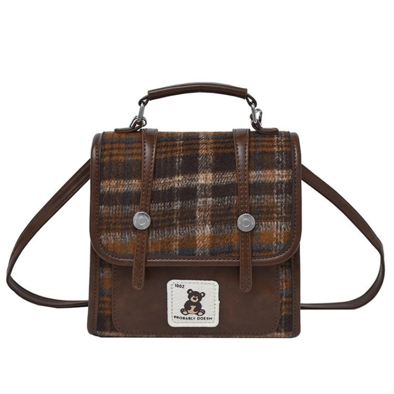 Korean Style Cute Bear Backpack for Women - Small Niche Design Backpack with Plaid Pattern & Top Handle, Fashion Versatile