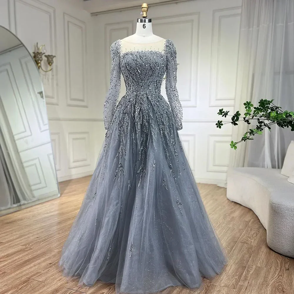 Exquisite Beads Sequined Evening Dresses Fashion Square Collar Long Sleeves A-Line Party Gowns Luxury Draped Prom Dresses