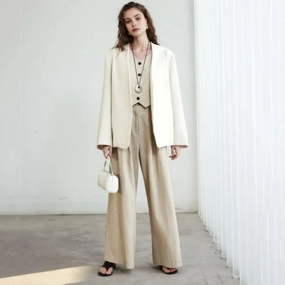 2026 Women Suit Coat Collarless Long Sleeve Open Front Suit Jacket Solid Color Loose Fit Business Cardigan Office Formal Coat