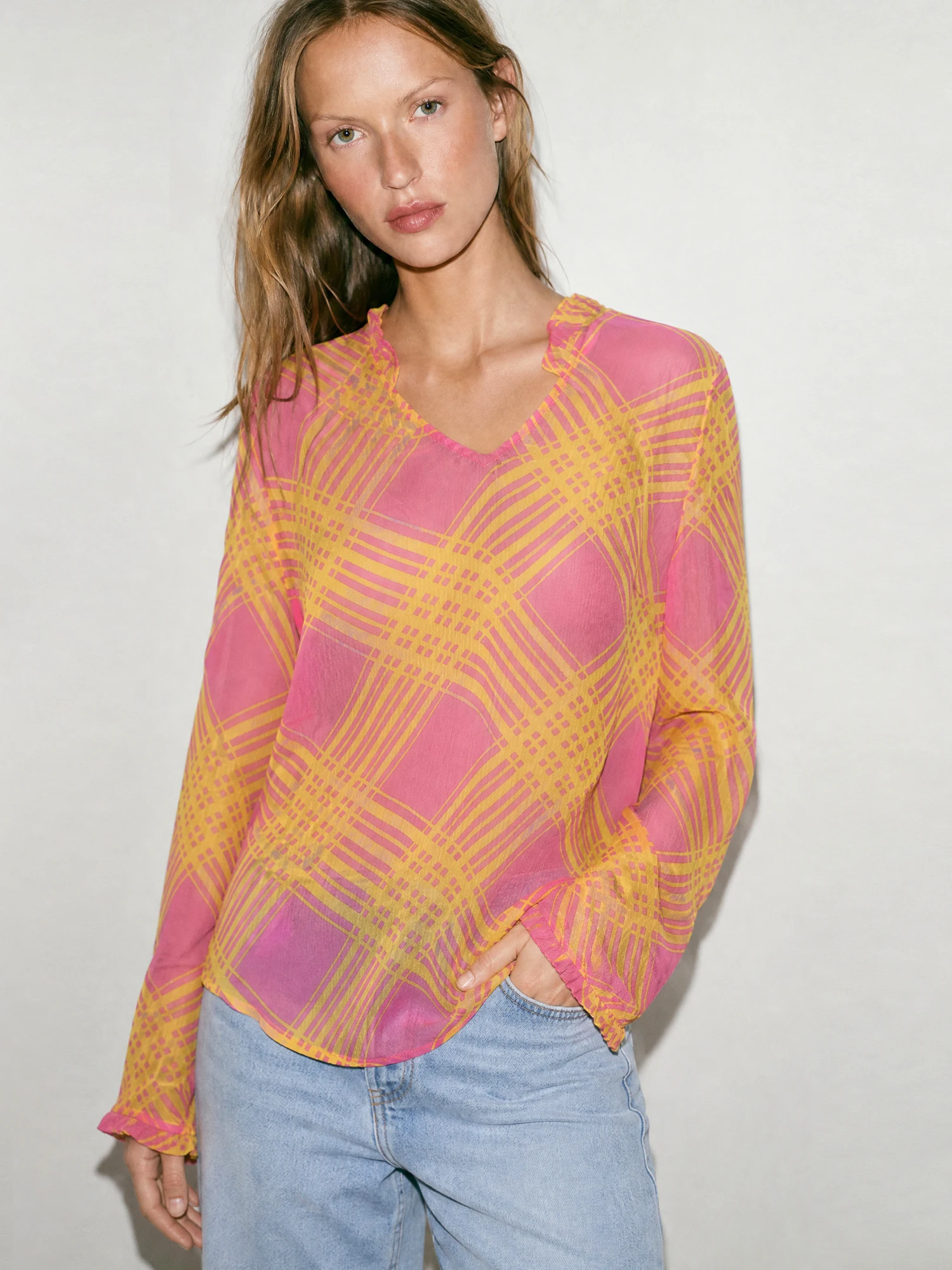 Lightweight Romantic Plaid Print Long Sleeve V-Neck Floral Shirt French Style Straight Cut Georgette Women's Summer Fashion