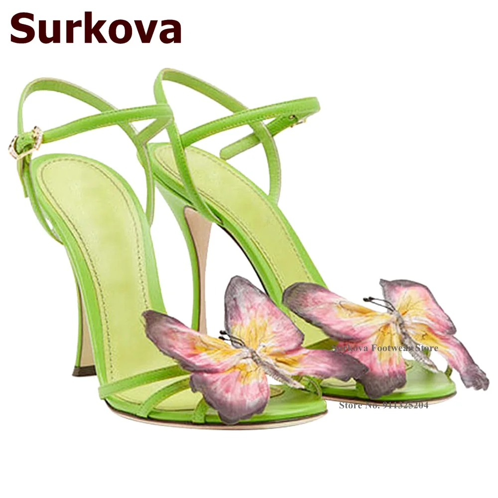 

Surkova Pink Butterfly High Heel Sandals Green Stiletto Heels Buckle Strap Dress Shoes Summer Patchwork Elegant Banquet Pumps