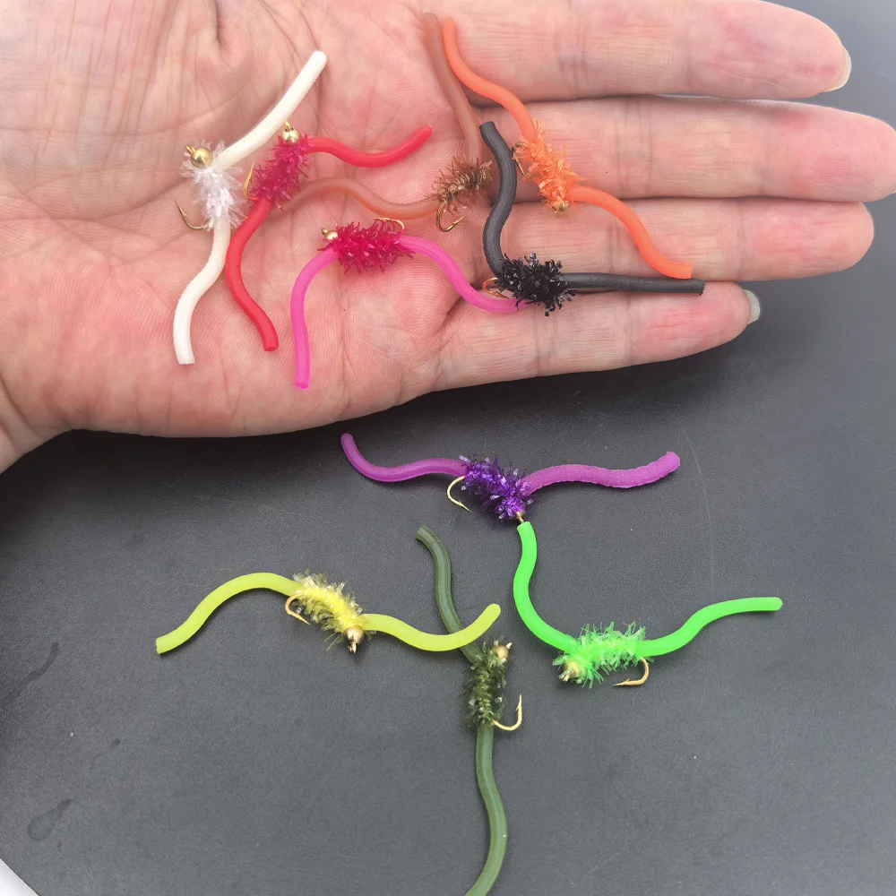 6 Stück UV San Juan Wurm Fliegen mit Messingperlenkopf, Squirmy Worm Nymphenfliegen, Regenwurmfliegen für Forellen-, Barsch- und Karpfenangeln, Fliegenköder – Detail 6