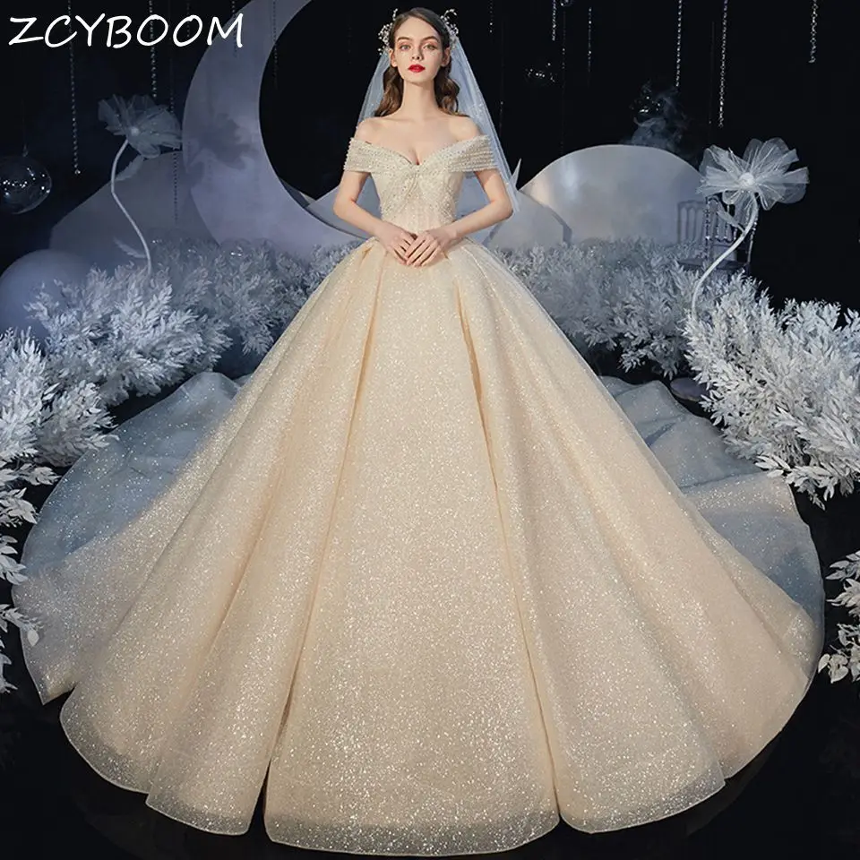 

New French Light Shiny Appliques Beading Ball Gown Wedding Dresses 2024 Sweetheart Lace Up Court Train Bride Gowns For Women