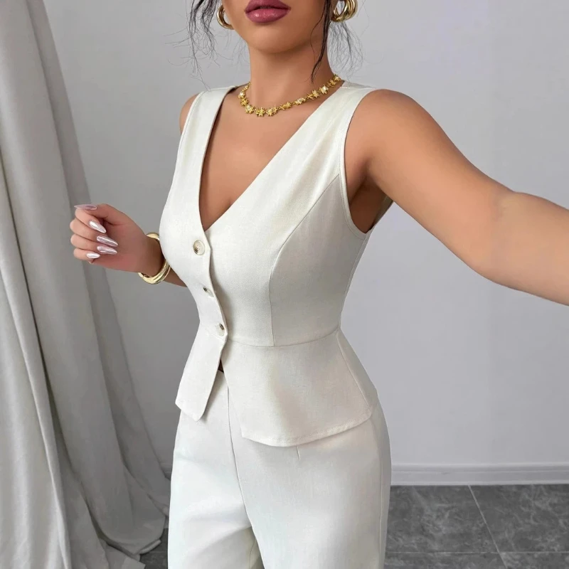 

Summer women's sleeveless fitted top with high-waisted pants - a stylish and professional two-pcs set with a great touch of fash
