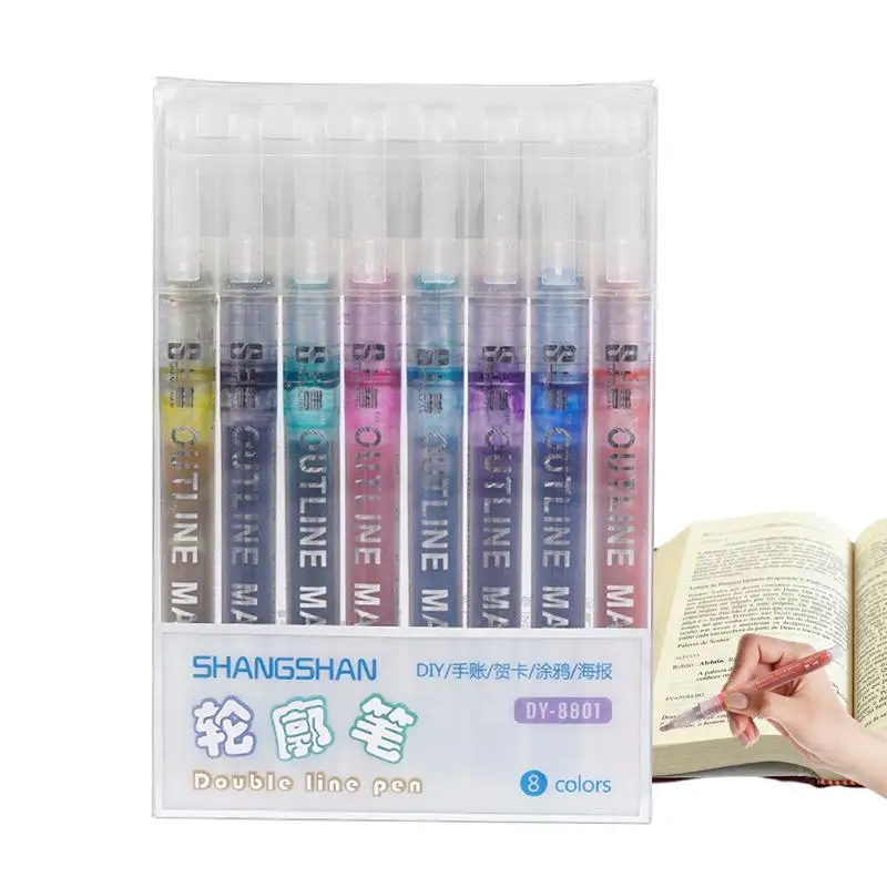 Markers For Drawing 8 Colors Water-Proof Outline Pens Anti-Fade Glitter Markers Double Lines Art Markers Vibrant Colors Precise