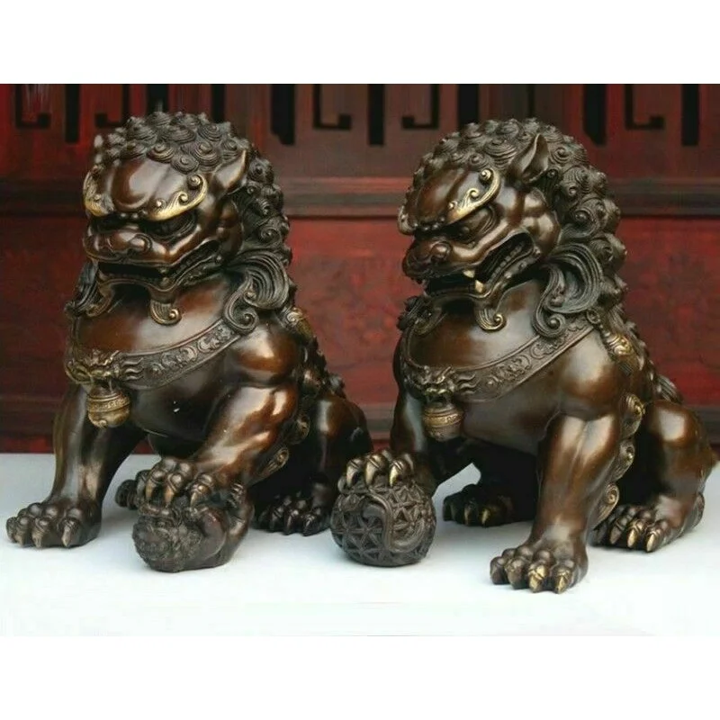 

8" Feng Shui Classical Bronze Lion Statue Evil Guardian Door Fu Foo dog Lions