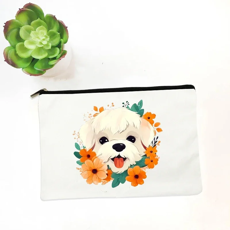 Cute Floral Cat Puppy Cosmetic Pouch Kawaii Animal Travel Cosmetic Bag Organizer Birthday New Year Gift for Girls Pencil Cases