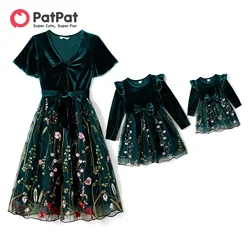 PatPat Mommy and Me Velet Splice Floral Embroidered Long-Sleeved Mesh Dresses Soft and Comfortable  Perfect for Outings