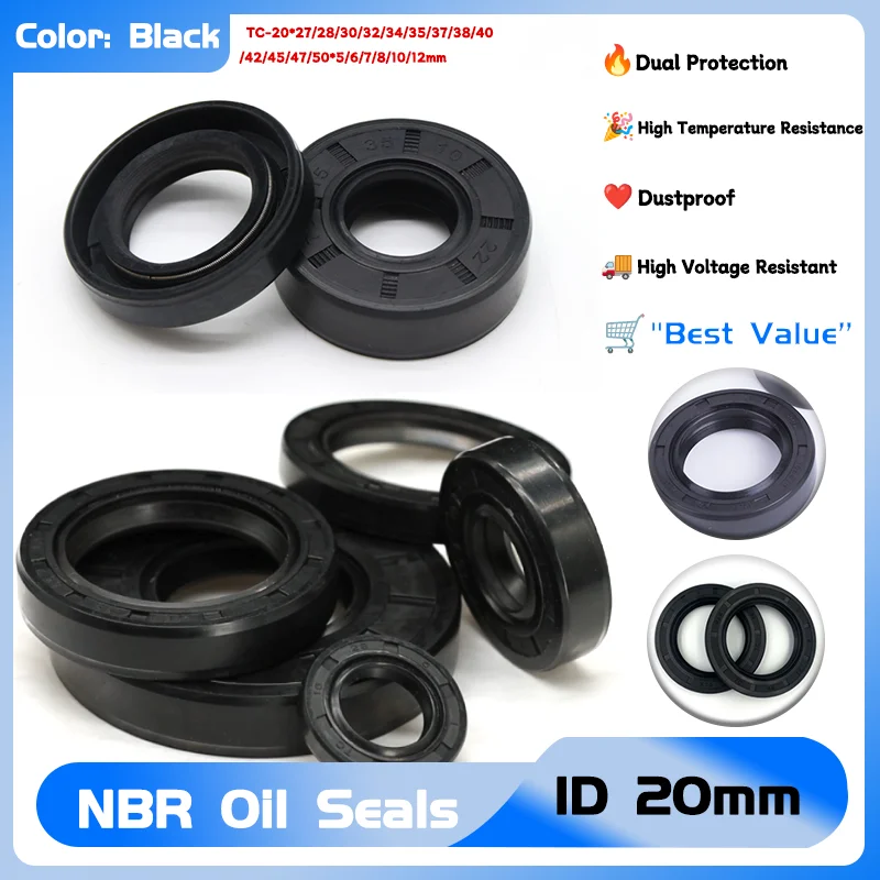 

TC-20*27/28/30/32/34/35/37/38/40/42/45/47/50*5/6/7/8/10/12mm Nitrile Rubber Shaft Double Lip Gasket 2/5pcs NBR Oil Seal ID 20mm