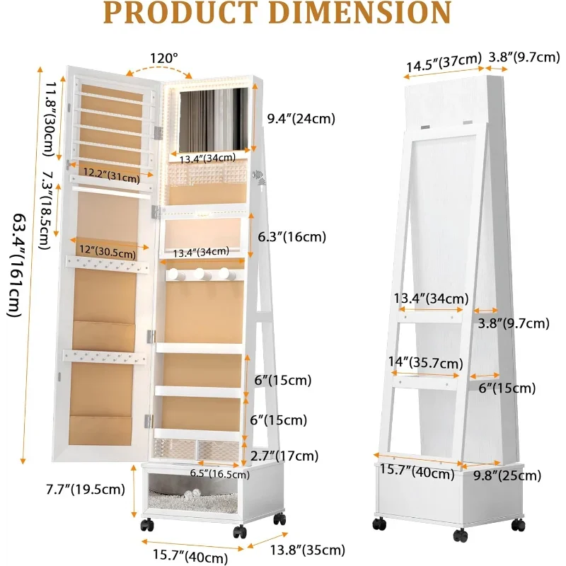 Vlsrka 360 ° obrotowa szafka na biżuterię z lustrem ze światłami, stojący Organizer na biżuterię z obrotowym lustrem pełnej długości