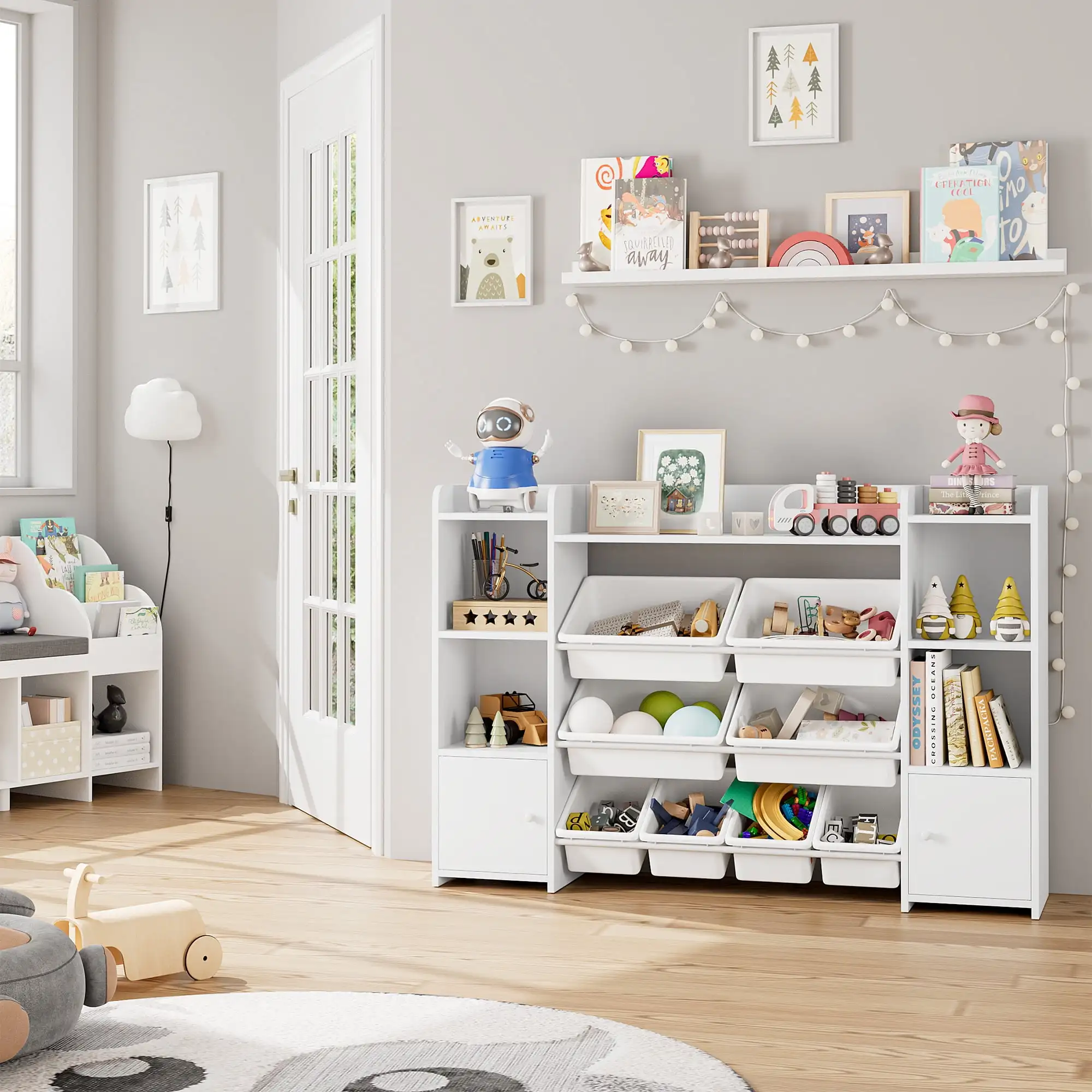 Kids Toy Organization Cubby Bookcase with 8 Bin, 2 Door White Storage Organizer Bookshelf for Children Room Playroom