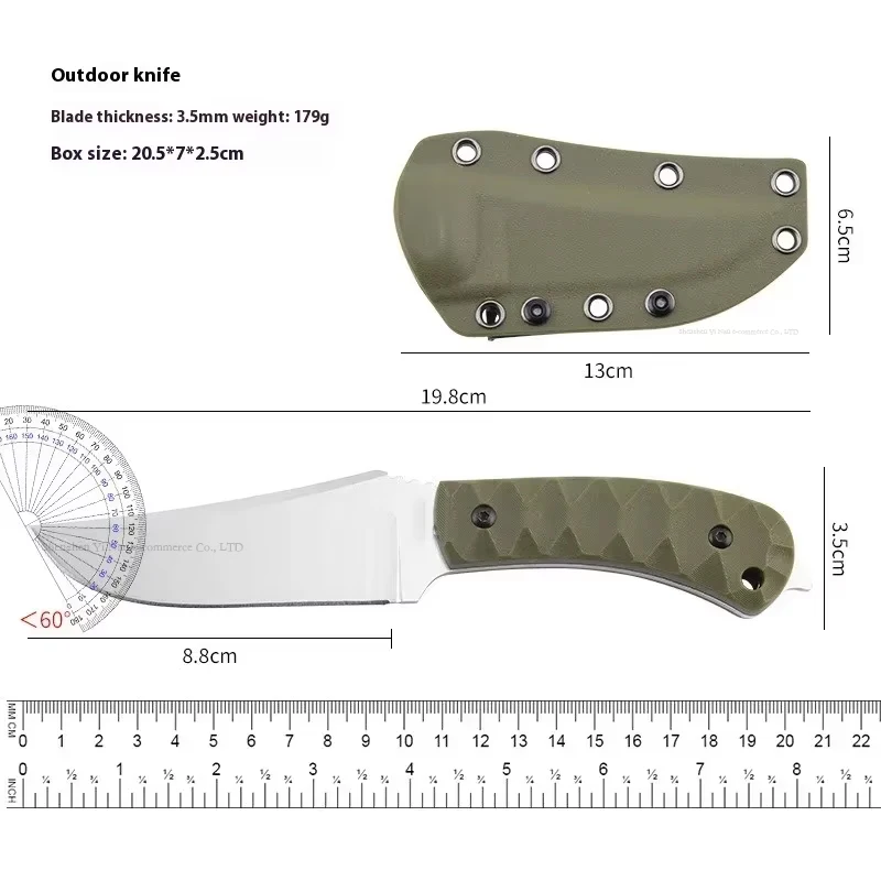 G10 Fiber Handle Outdoor Small Straight Knife, D2 Steel Green Back Clip K Sheath Portable Outdoor Survival Knife