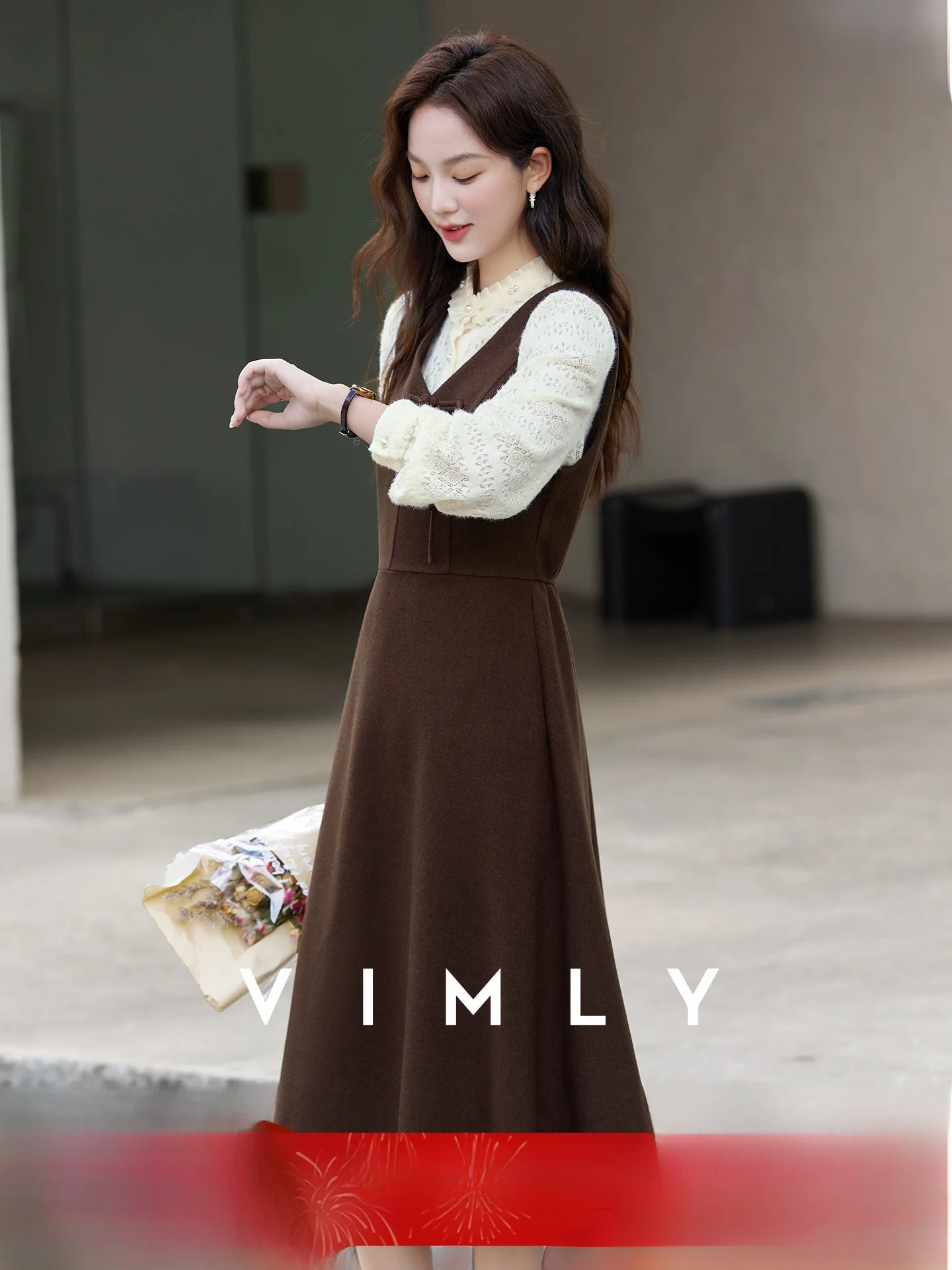 

Ele Lace irt And Vest Set with Waist-Cinching Skirt for Women V-Ne Long Sve Faionable Autumn Winter Outfit