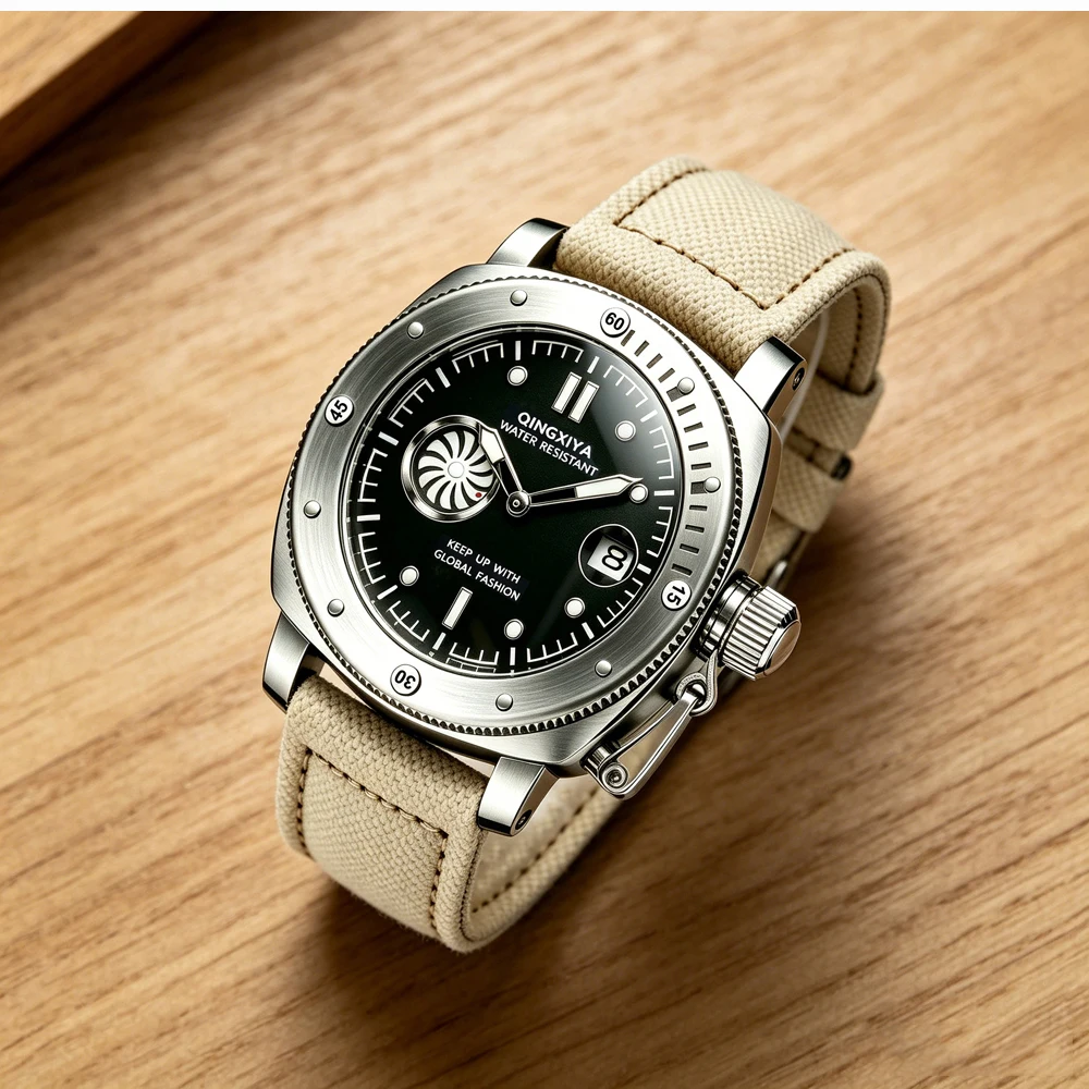 QINGXIYA Brandneue modische Quarzuhr mit zweitem Zifferblatt für Herren, hochwertiges Canvas-Armband, wasserdicht, Kalender, Sportuhren für Herren – Detail 3