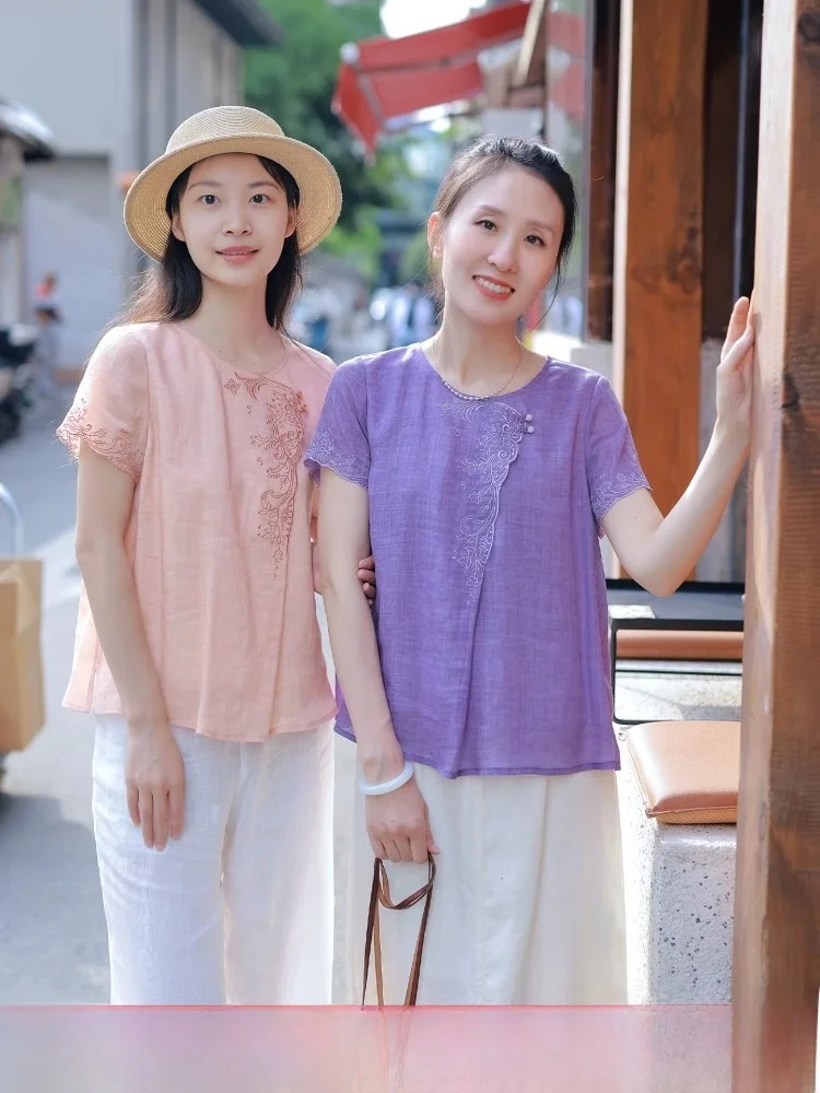 

Красная женская блузка из лиоцелла и льна, свободного кроя, повседневная, летняя, новая, с круглым вырезом, коротким рукавом, однотонная, на пуговицах