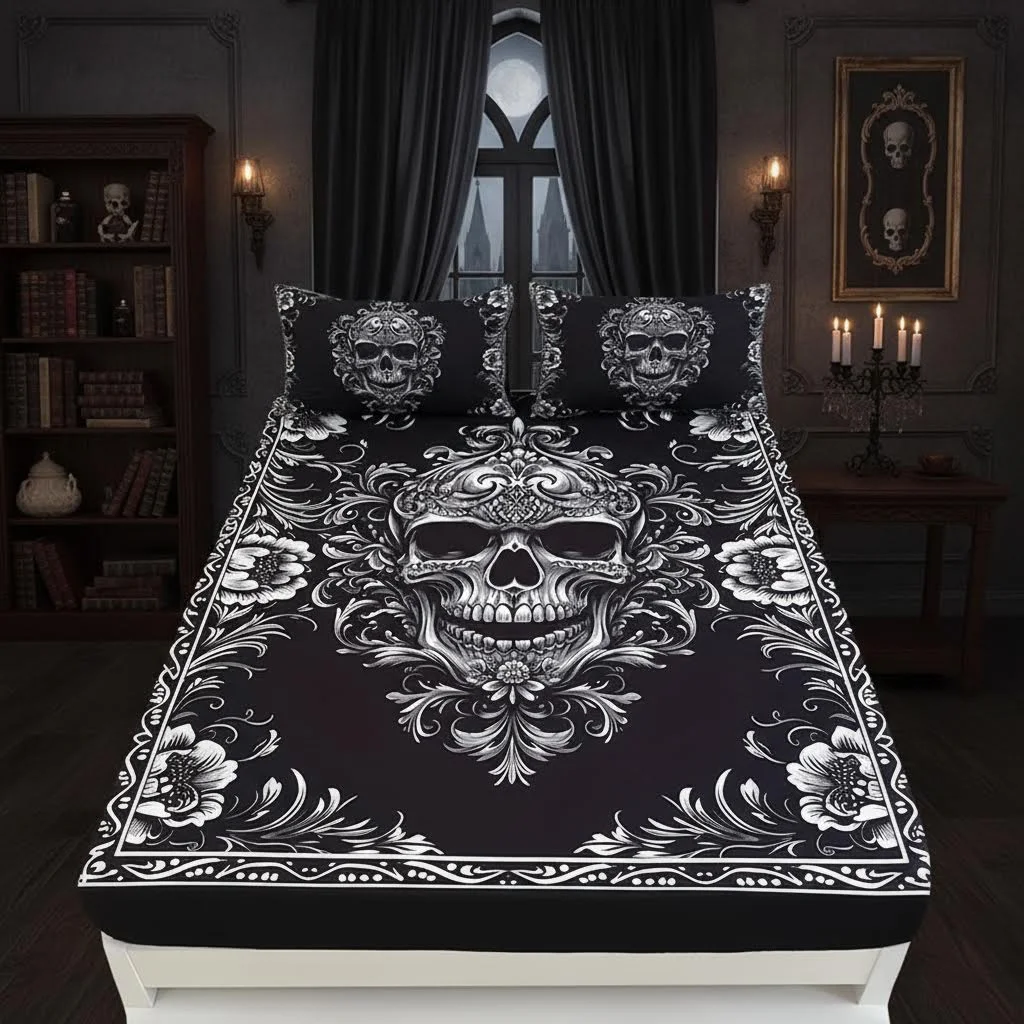 Black And White Design Skull Victoria Baroque Gothic Bed Sheet Deep Pocket Mattress Protector Bedroom For All Seasons Room Decor