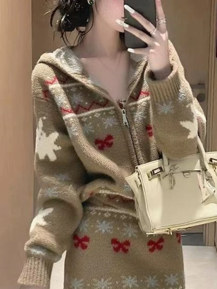 فرنسا نمط خمر منقوشة مقنعين مجموعات المرأة موضة سترة متماسكة + الحلو ألف خط تنورة دعوى عادية قطعتين مجموعة شتاء جديد #5