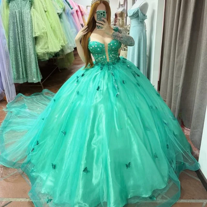 

Customized emerald-green Quinceanera Dresses Off the Shoulder Butterfly decal Lace Long tail Vestido De 15 Quinceanera