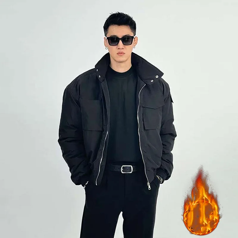 2025 الخريف الشتاء الرجال Bomber سترة الأمريكية الرجعية الوقوف طوق الذكور البضائع معطف طويل الأكمام جيب سستة رجل فضفاض ملابس خارجية