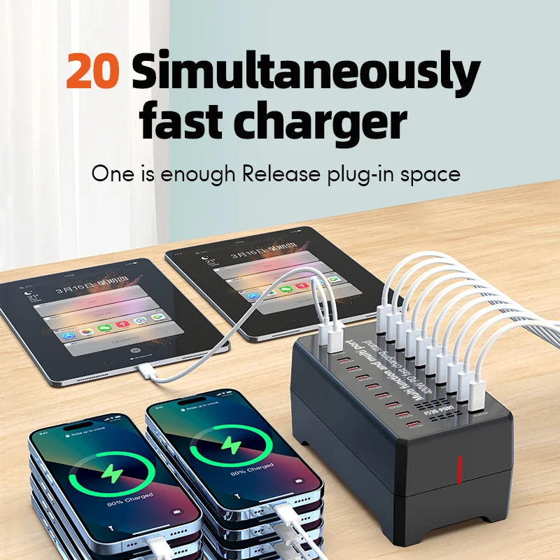 

Type C Charger 400W PD3.0 20 Port Fast Charging Station Wireless Charge For Laptop iPhone 15 16 Samsung Macbook Tablet WT-268C