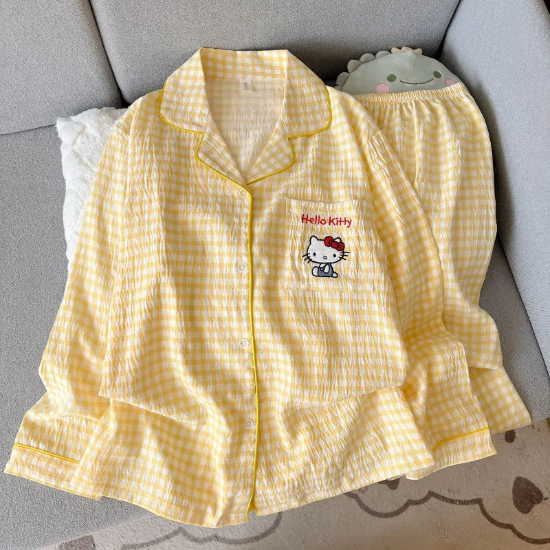 

Милый женский пижамный комплект с вышивкой «Hello Kitty» в клетку в стиле Харадзюку, милый комплект из 2 предметов с героями мультфильмов, ночная рубашка, осенняя новая домашняя одежда