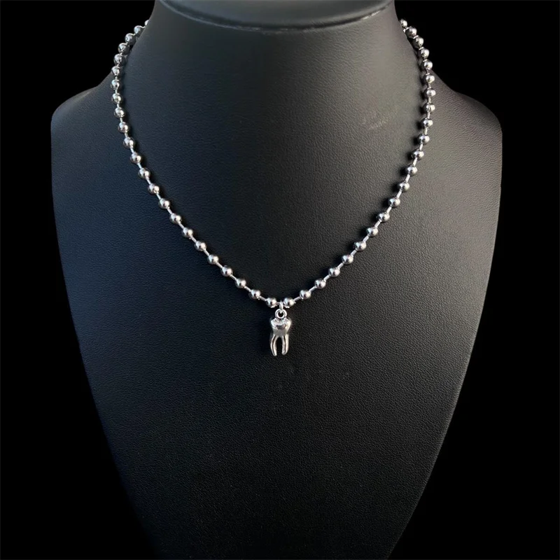 4mm Stainless Steel Ball Chain with Tooth Pendant – Gothic Molar Teeth Necklace for Punk, Grunge, Rock, Alternative Aesthetic