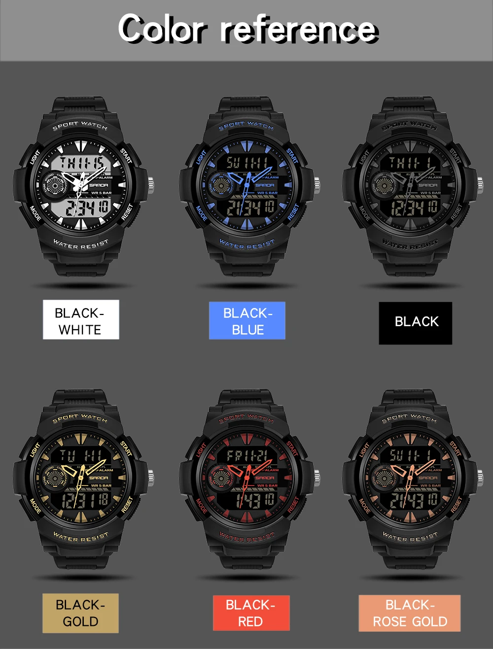 SANDA 6002 Student Electronic Watch Sports Dual Display Multi functional Waterproof Timing LED Student Electronic Watch